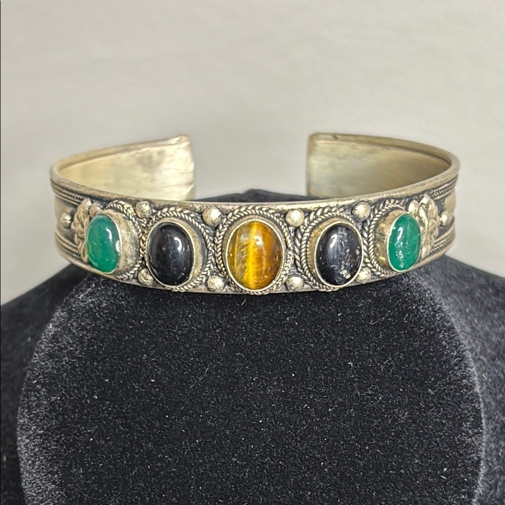 Vintage Tigers Eye Onyx Stone Multicolor Silver Tone Cuff Bracelet Adjustable